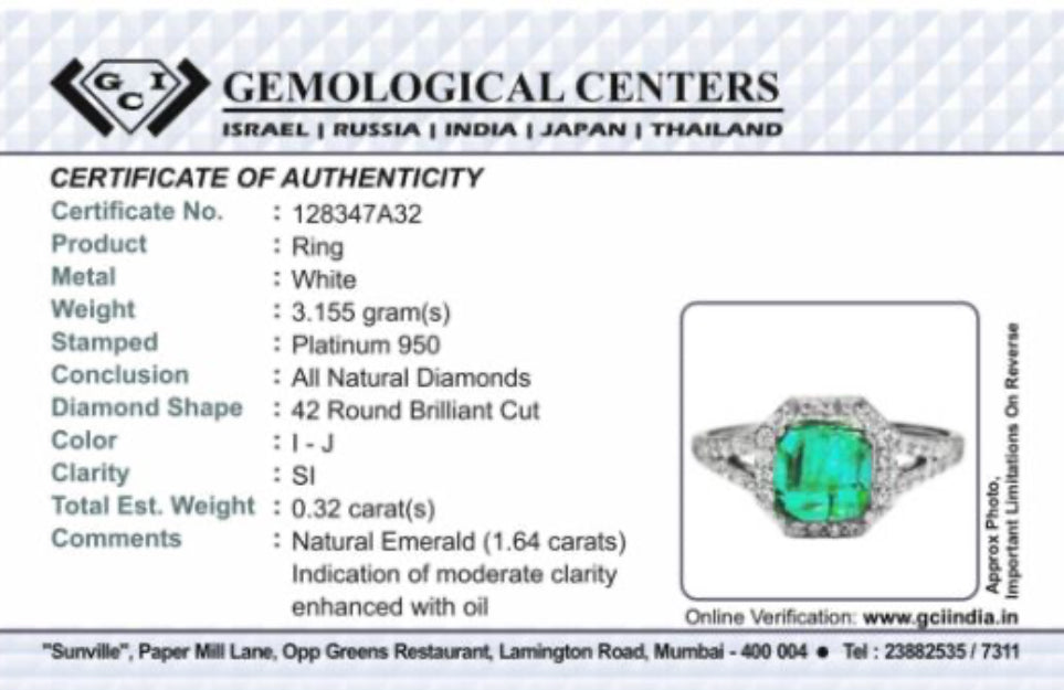 Beautiful 1.64 CT Natural Emerald Ring With Natural Diamonds & Platinum 950